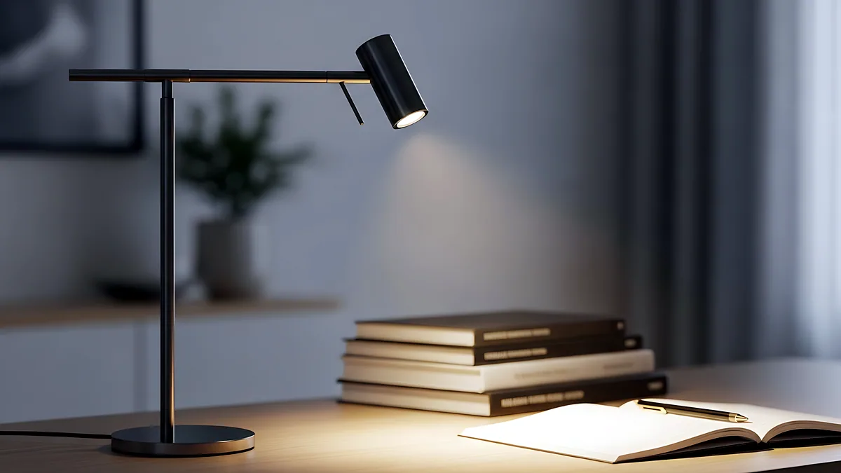 A reading lamp, a notebook and a pencil on a plain white desk.