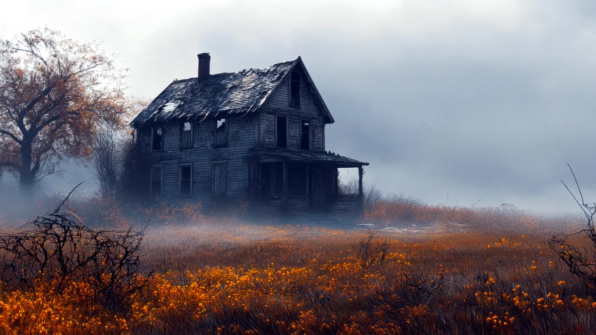 A dark abandoned house half lost in thick rolling fog.