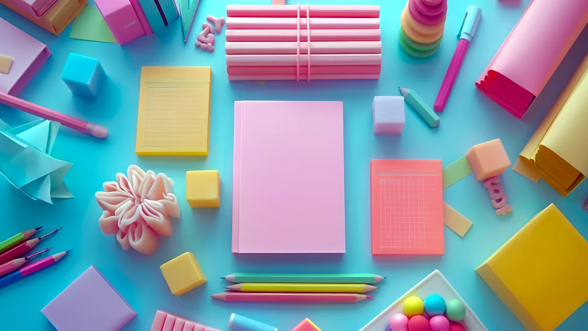 A spread of colored paper, pencils and pens arranged on a white table.