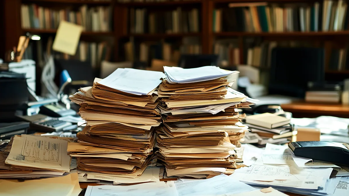 A tidy stack of manuscript pages beside a pen and a reading lamp.